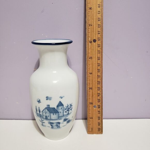 Vase White Blue Chickens  Farmhouse Country Home Decor  6" - Picture 2 of 6